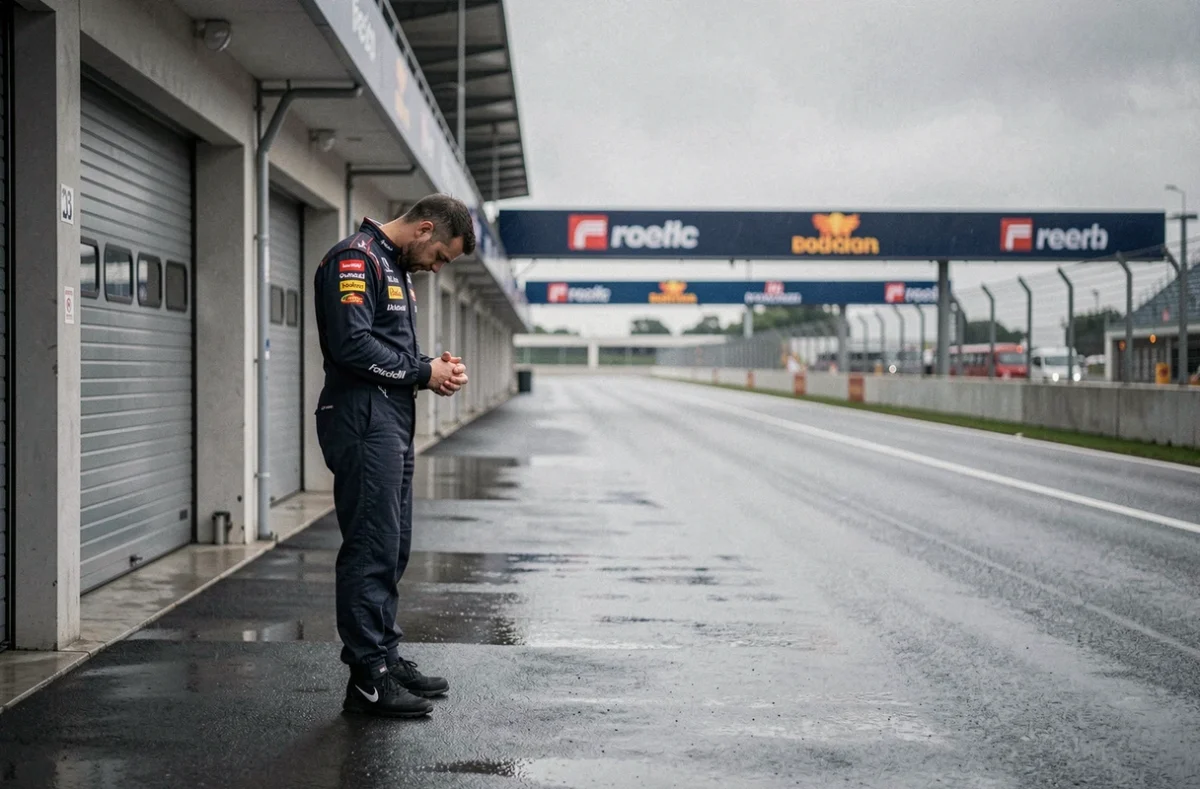 Mécanicien solitaire et tête baissée dans un paddock de Formule 1 désert lors d'un week-end de course en deuil