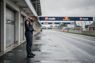 Mécanicien solitaire et tête baissée dans un paddock de Formule 1 désert lors d'un week-end de course en deuil
