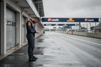 Mécanicien solitaire et tête baissée dans un paddock de Formule 1 désert lors d'un week-end de course en deuil