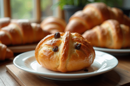 Pain aux raisins doré sur assiette en céramique blanche