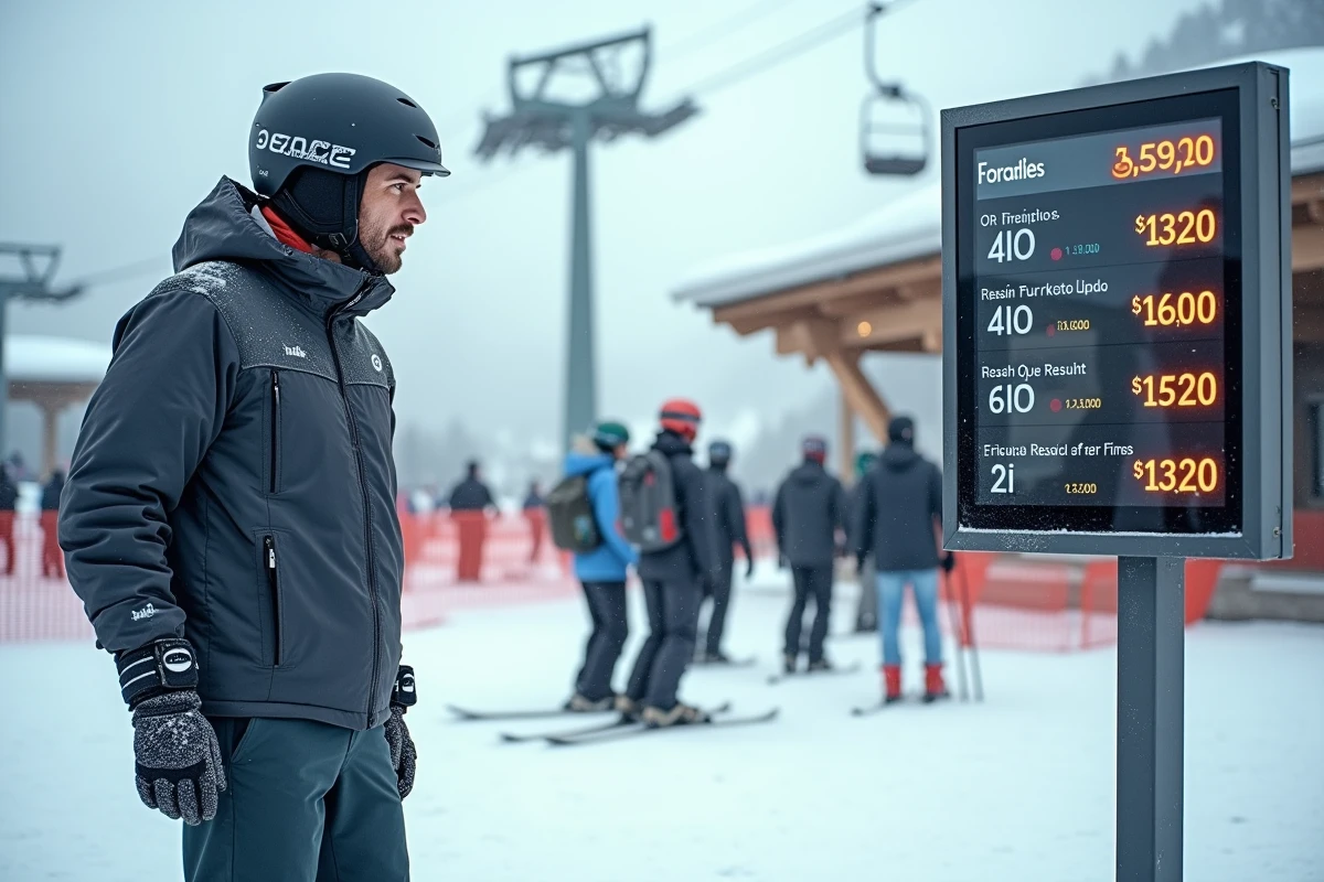 Skieur surpris devant le panneau d'affichage des tarifs de forfaits ski aux Menuires