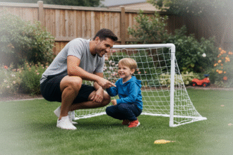 Père et fils souriants examinent un but de football dans le jardin