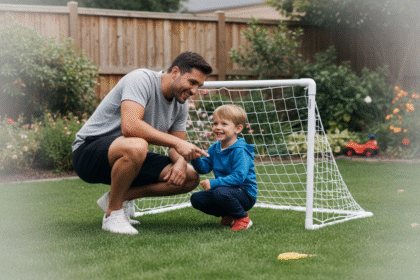 Père et fils souriants examinent un but de football dans le jardin