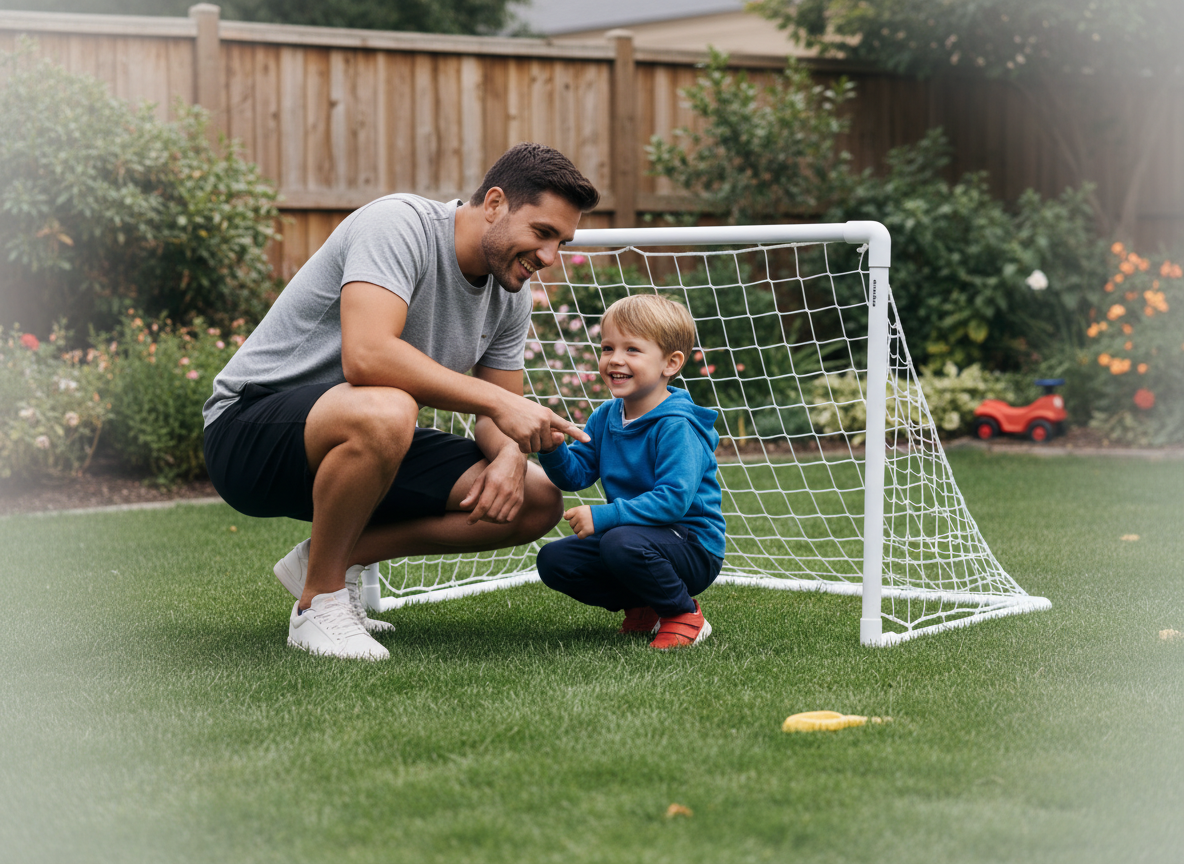 Père et fils souriants examinent un but de football dans le jardin