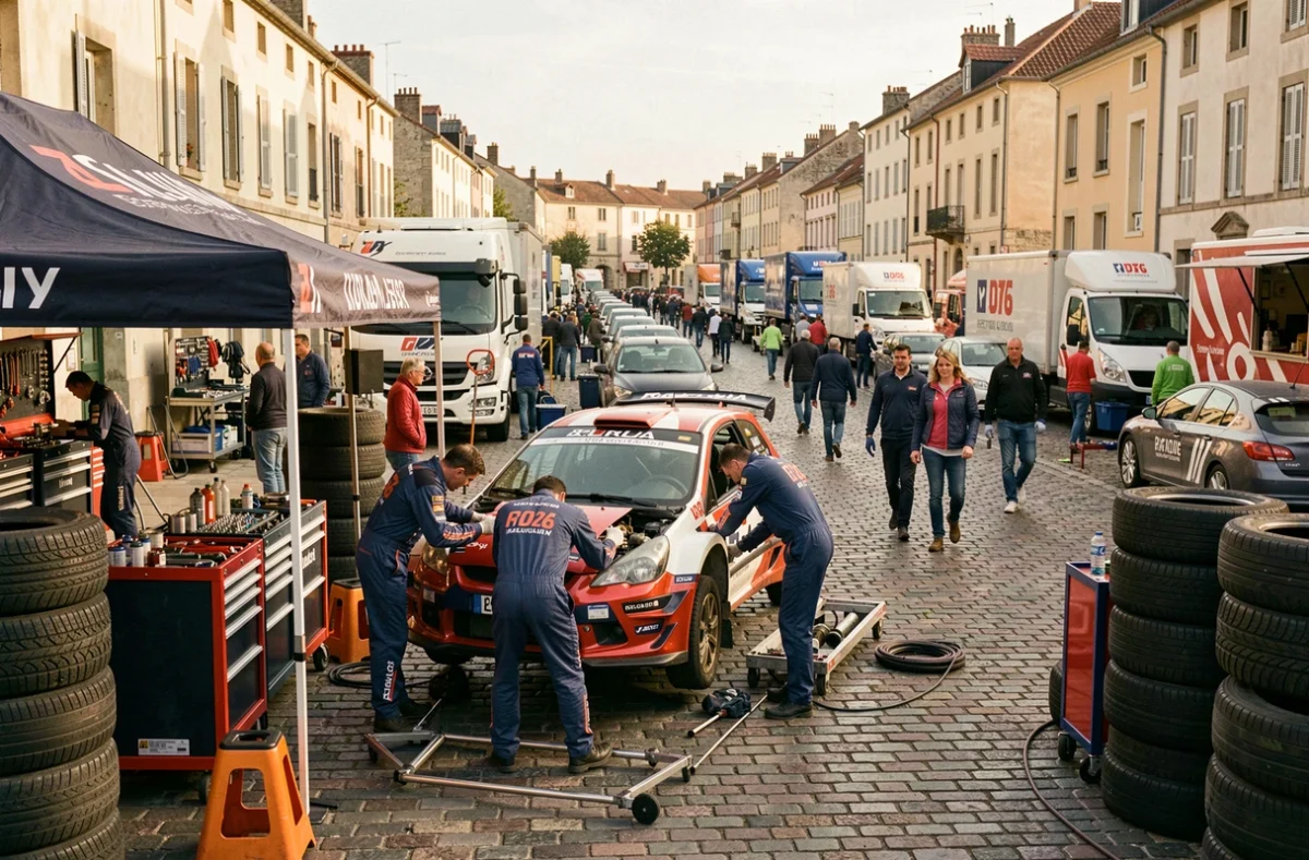 Parc d'assistance animé d'un rallye en France avec mécaniciens travaillant sur une voiture de compétition