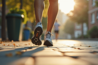 Pieds d'un coureur en ville avec tracker de fitness