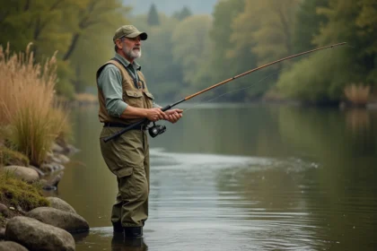 Pêcheur en veste kaki au bord d'une rivière française préparant sa canne à pêche pour la saison 2026