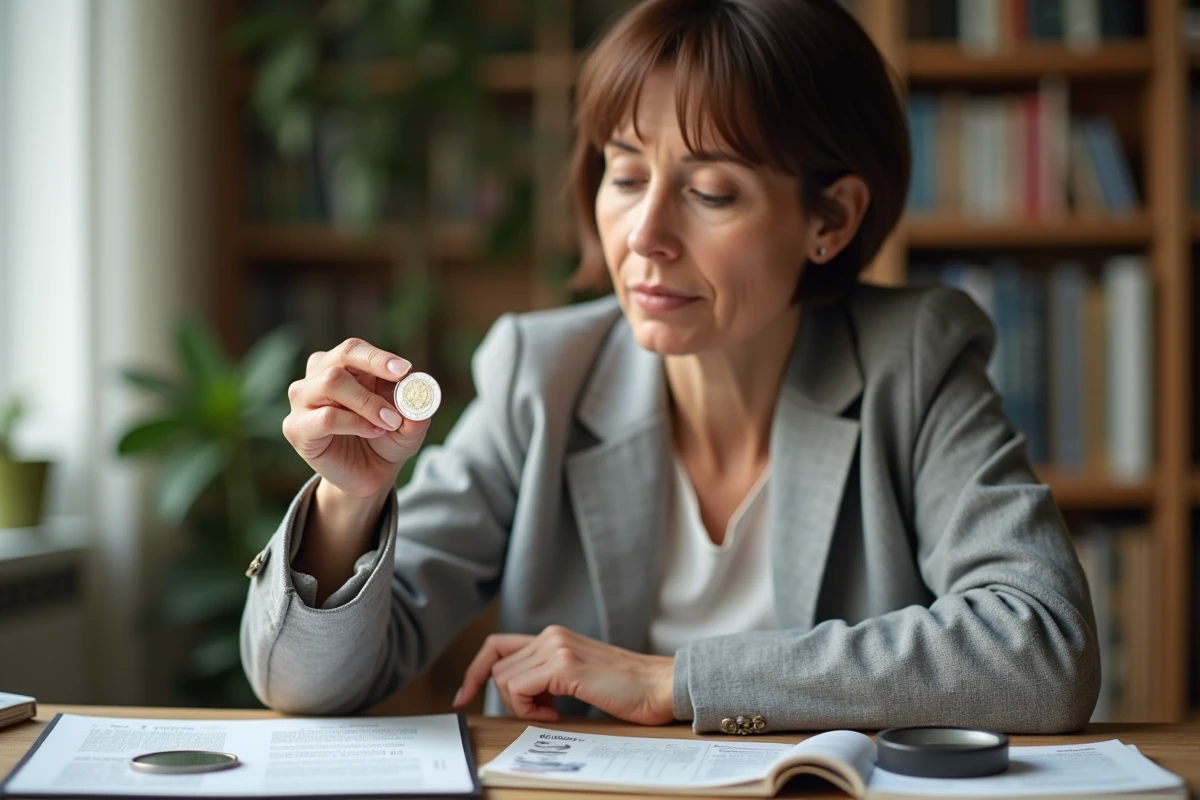 Femme examinant une pièce de 2 euros commémorative JO 2026 avec une loupe sur un bureau de collection