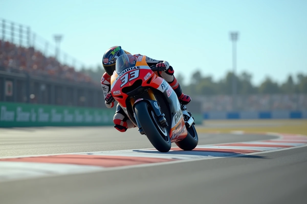 Pilote MotoGP en pleine courbe avec effets aérodynamiques visibles à grande vitesse