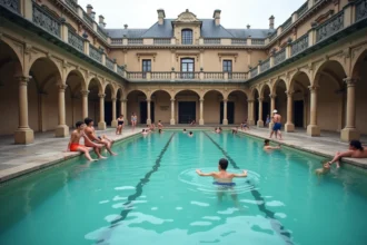 Vue extérieure de la piscine de la Butte aux Cailles à Paris avec façade en briques et baigneurs sur le bord du bassin