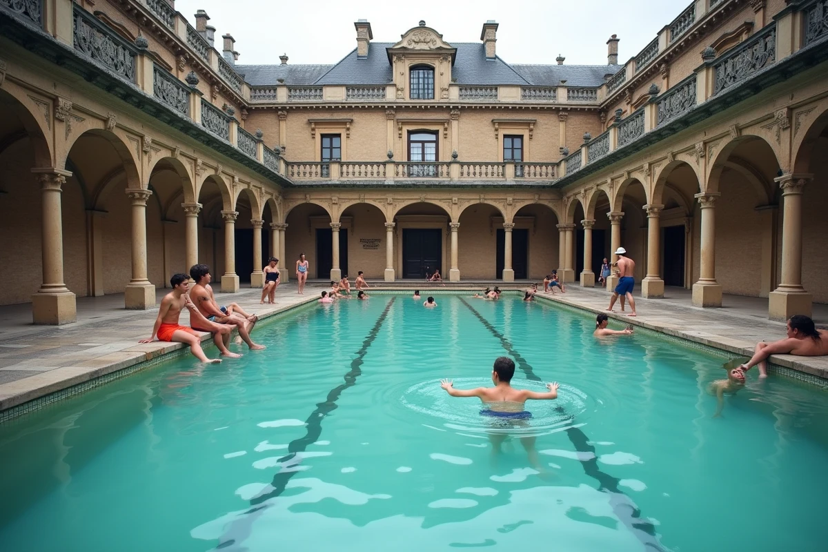 Vue extérieure de la piscine de la Butte aux Cailles à Paris avec façade en briques et baigneurs sur le bord du bassin