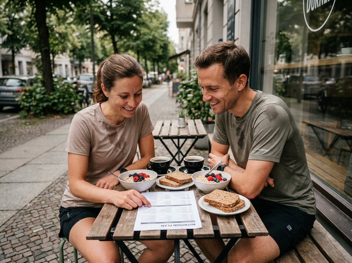 Deux coureurs consultant un plan nutritionnel autour d'un petit-déjeuner sportif en terrasse après une séance de course intense