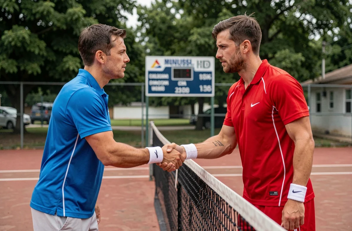 Deux joueurs de tennis se serrant la main au filet après un match de tournoi Point P250 niveau intermédiaire
