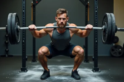 Athlète masculin en position basse de squat avec barre, genoux alignés et profondeur maximale, dans une salle de musculation professionnelle