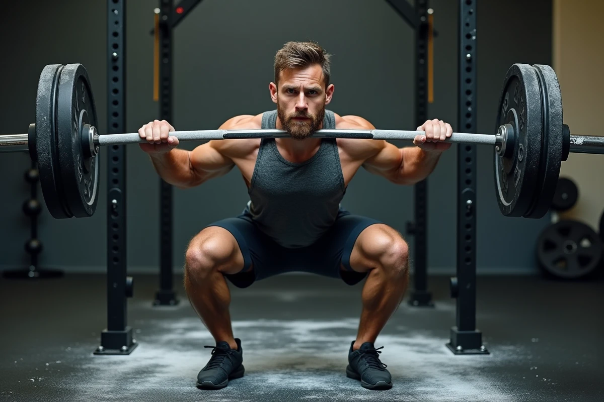 Athlète masculin en position basse de squat avec barre, genoux alignés et profondeur maximale, dans une salle de musculation professionnelle