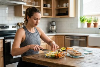 Femme sportive préparant des repas équilibrés pour accompagner un entraînement intensif, avec des protéines et légumes dans des boîtes de meal prep