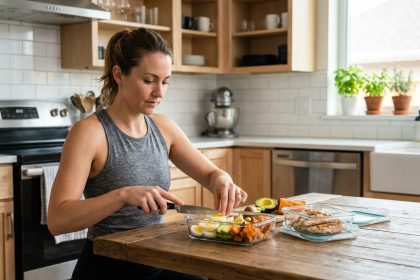 Femme sportive préparant des repas équilibrés pour accompagner un entraînement intensif, avec des protéines et légumes dans des boîtes de meal prep