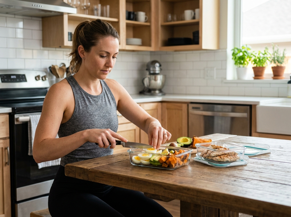 Femme sportive préparant des repas équilibrés pour accompagner un entraînement intensif, avec des protéines et légumes dans des boîtes de meal prep