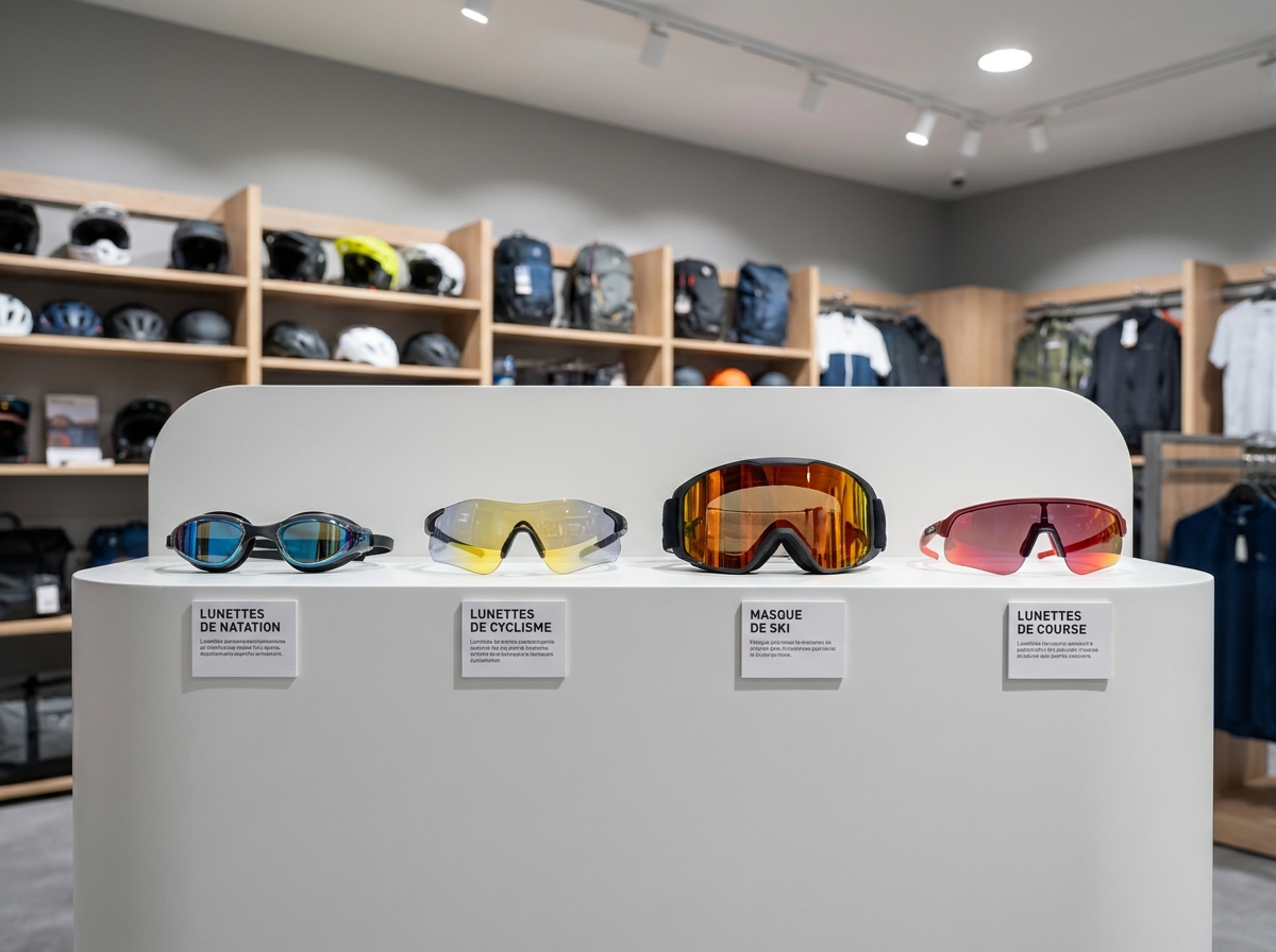 Présentoir de lunettes de sport en magasin avec modèles pour cyclisme, ski, natation et running
