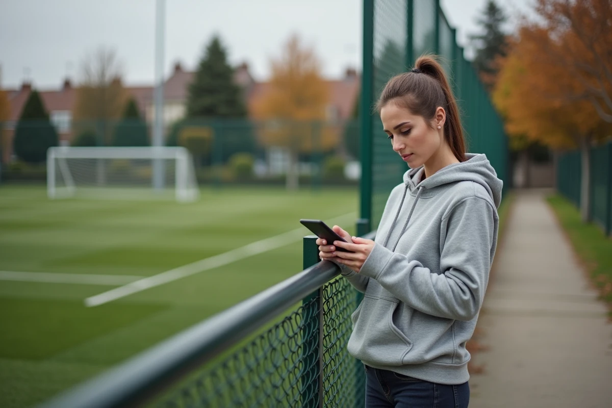 Femme recherchant les coordonnées du Comité Drôme Ardèche Football sur son smartphone au bord d'un terrain