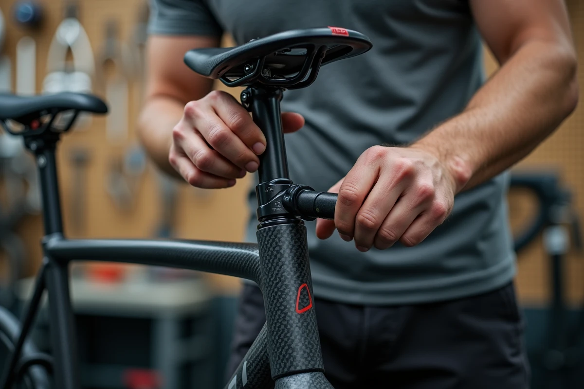 Mécanicien réglant la hauteur de selle d'un Van Rysel RCR dans un atelier de cyclisme professionnel