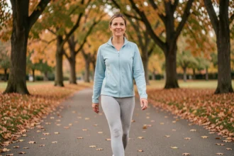 Femme en tenue de sport légère marchant sur un sentier automnal dans un parc, symbolisant la reprise sportive en douceur