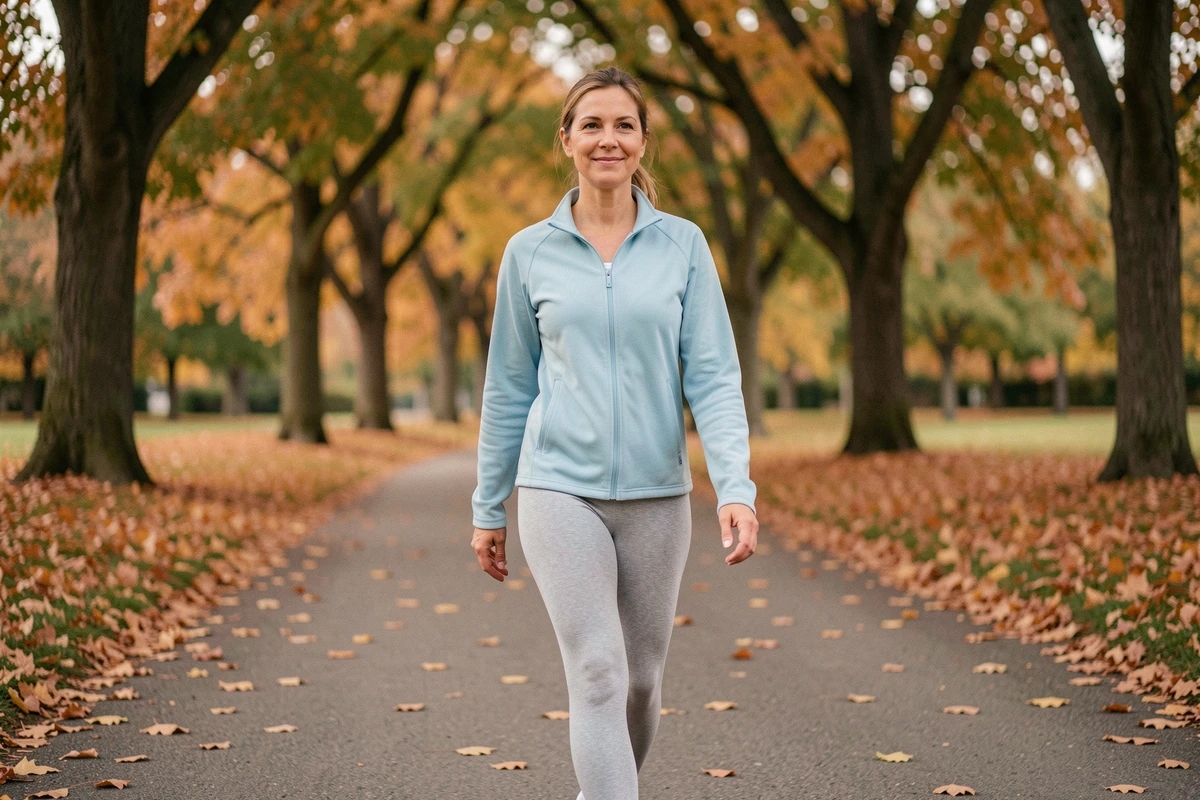 Femme en tenue de sport légère marchant sur un sentier automnal dans un parc, symbolisant la reprise sportive en douceur