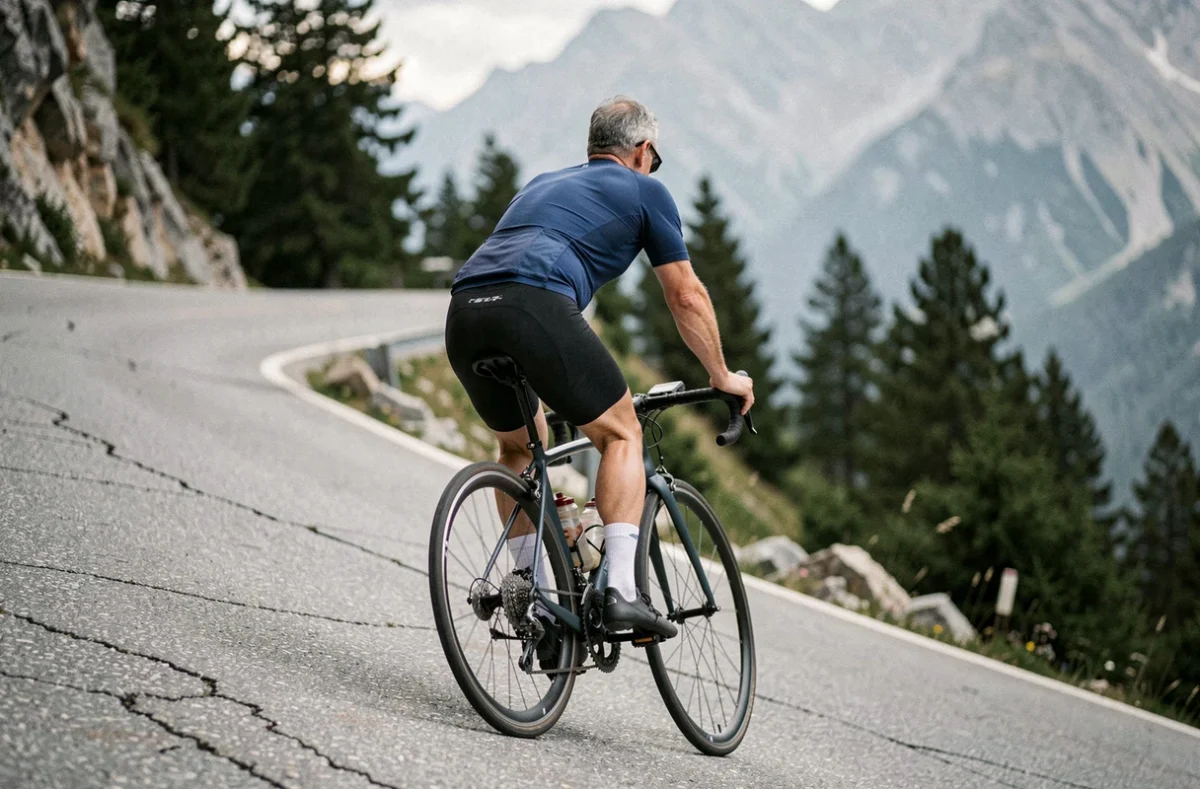 Cycliste adulte effectuant un rétropédalage contrôlé en descente sur une route alpine escarpée