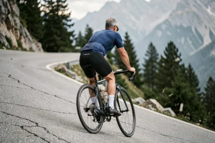 Cycliste adulte effectuant un rétropédalage contrôlé en descente sur une route alpine escarpée
