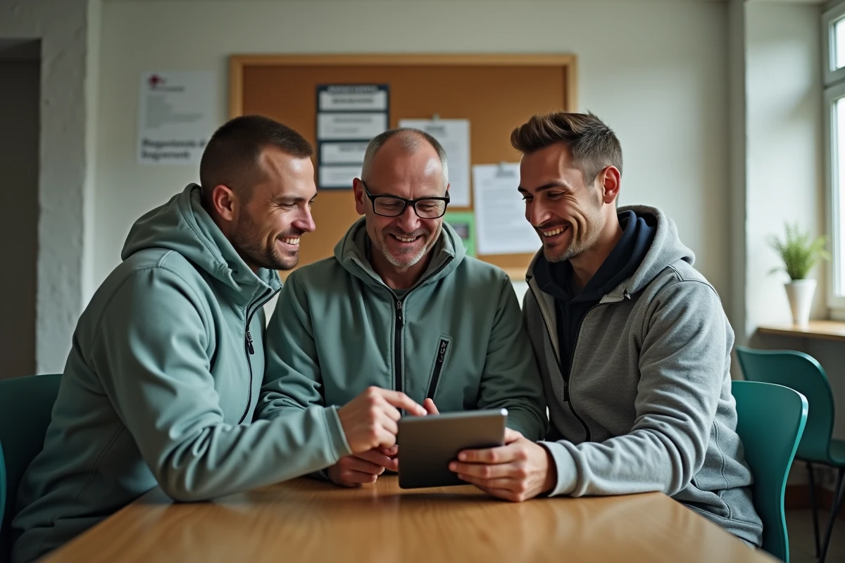 Groupe de responsables de club consultant les informations de contact du Comité Drôme Ardèche Football sur une tablette