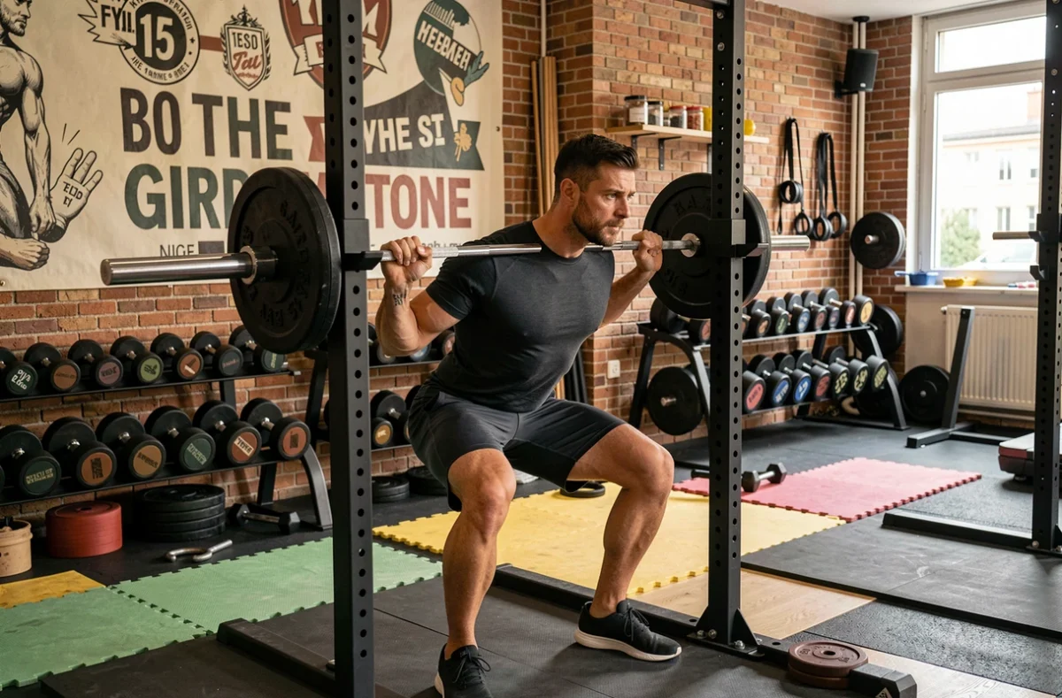Athlète masculin effectuant un squat barre au Rituel Sport Club Jean-Jaurès dans le 7e arrondissement de Lyon