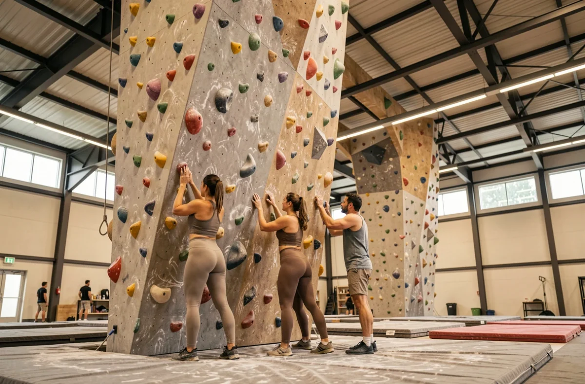 Grimpeurs dans une salle d'escalade des Bouches-du-Rhône avec murs de blocs colorés et hauts plafonds