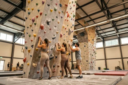 Grimpeurs dans une salle d'escalade des Bouches-du-Rhône avec murs de blocs colorés et hauts plafonds