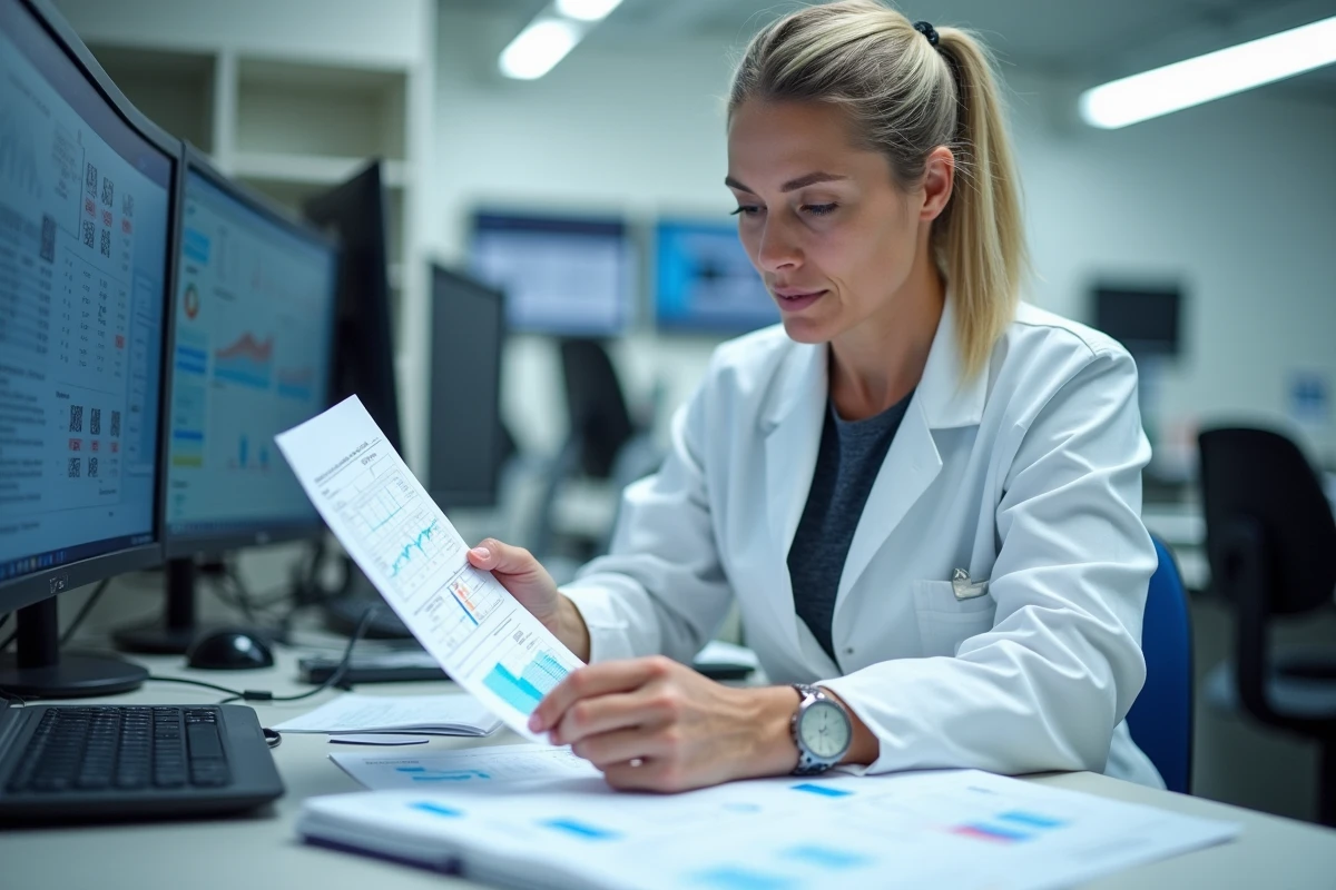 Scientifique du sport analysant des données de recherche sur le HIIT dans un laboratoire universitaire