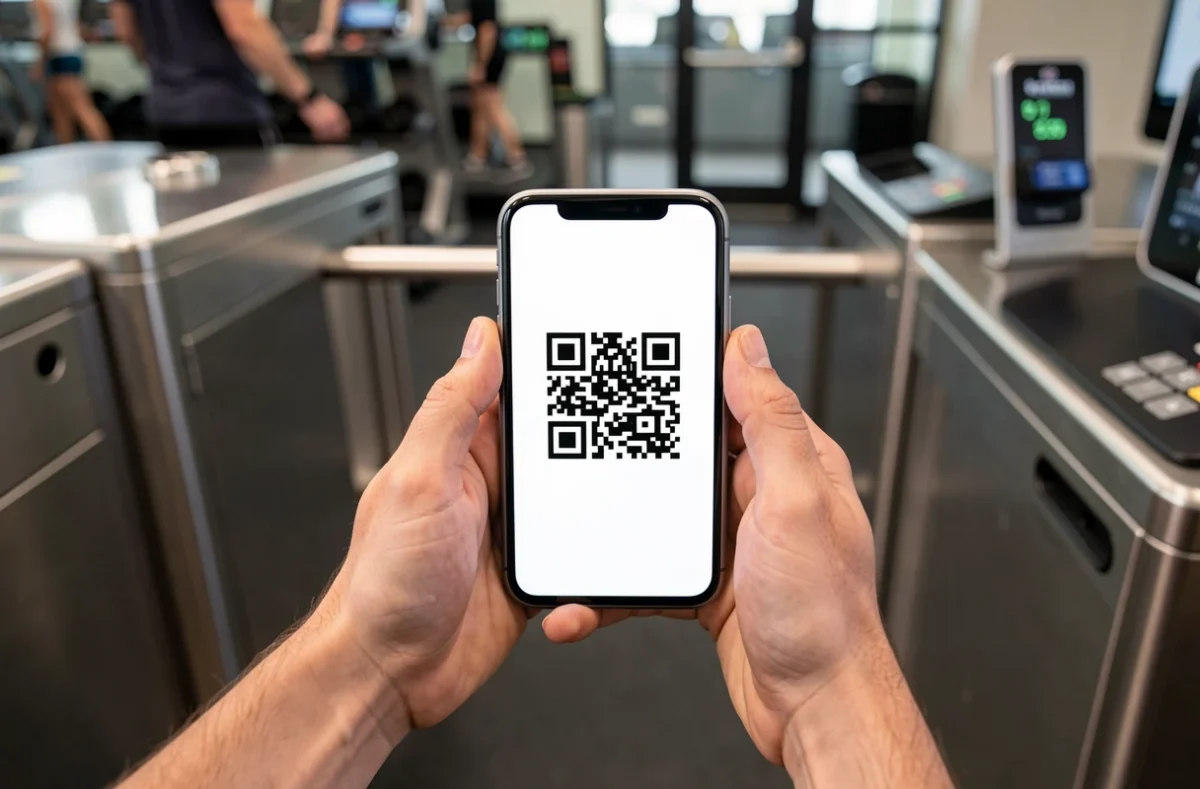 Smartphone affichant un QR code devant un portique d'entrée de salle de sport