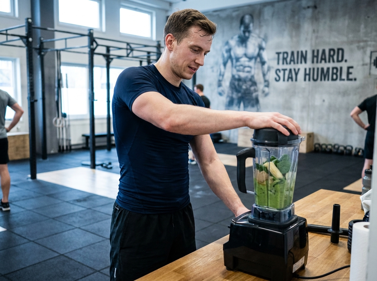 Sportif préparant un smoothie protéiné de récupération après un entraînement intense dans une salle de sport