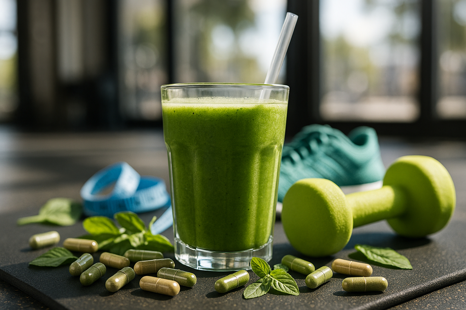 Gros plan sur un smoothie vert entouré de capsules et équipements sportifs