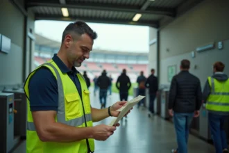 Steward en gilet jaune contrôlant un billet d'entrée à la porte d'un stade de football en Essonne