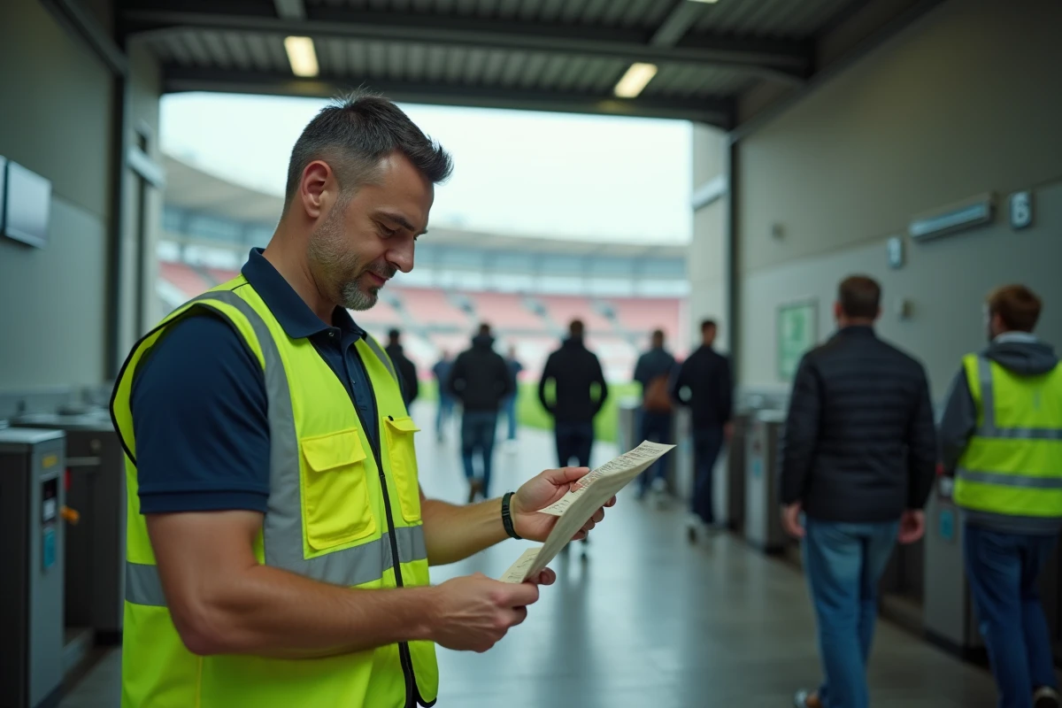 Steward en gilet jaune contrôlant un billet d'entrée à la porte d'un stade de football en Essonne