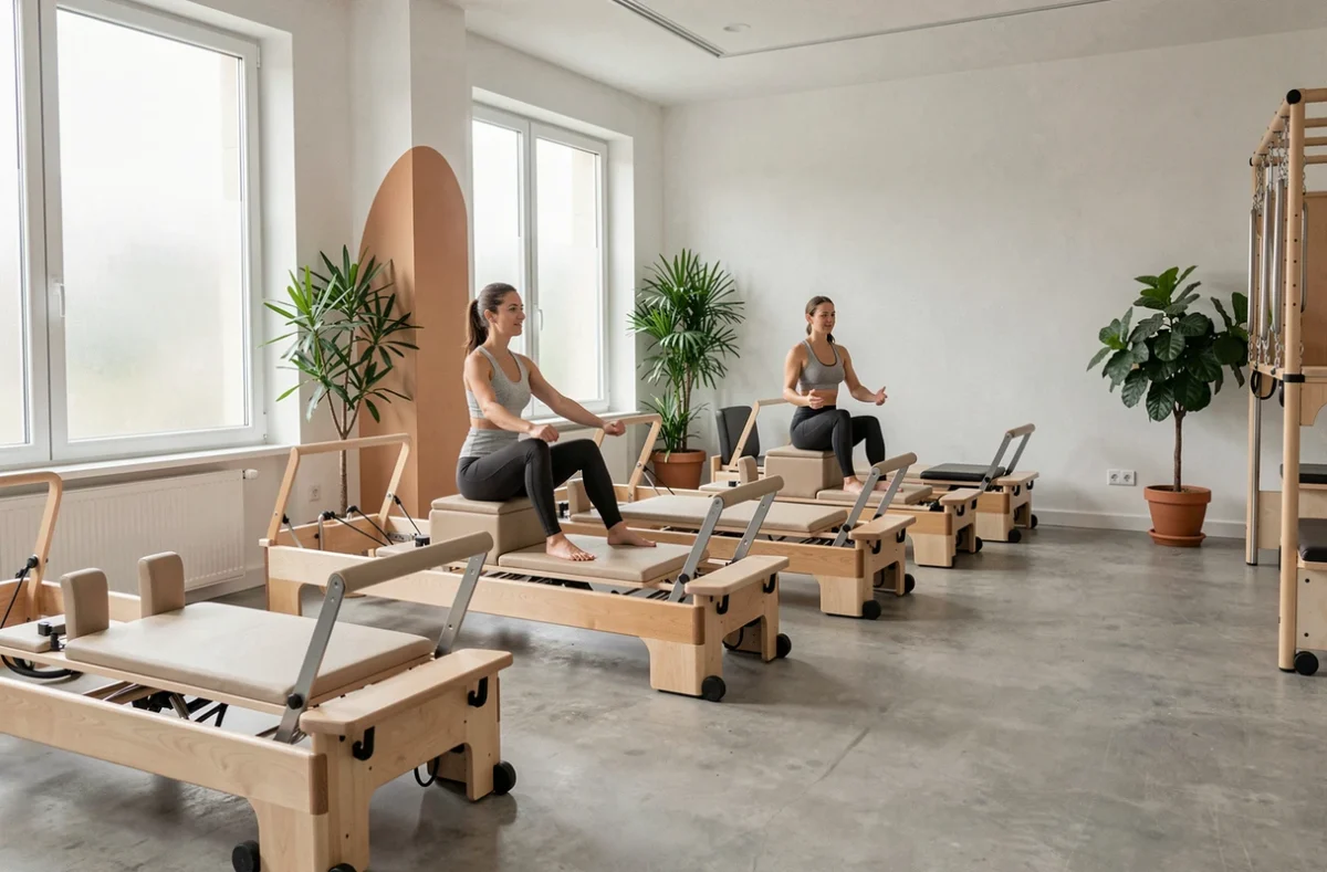 Intérieur du Studio Namasté Pilates à Nantes avec des machines Reformer et une séance de Pilates en cours