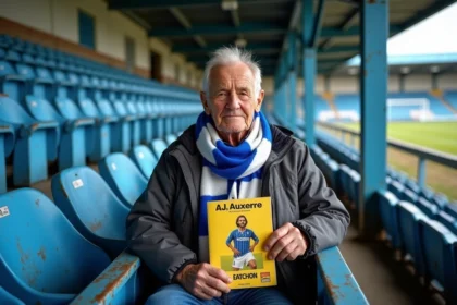 Vieux supporter de l'AJ Auxerre tenant un programme de match vintage dans les tribunes du stade Abbé-Deschamps, souvenir des grandes saisons du club bourguignon