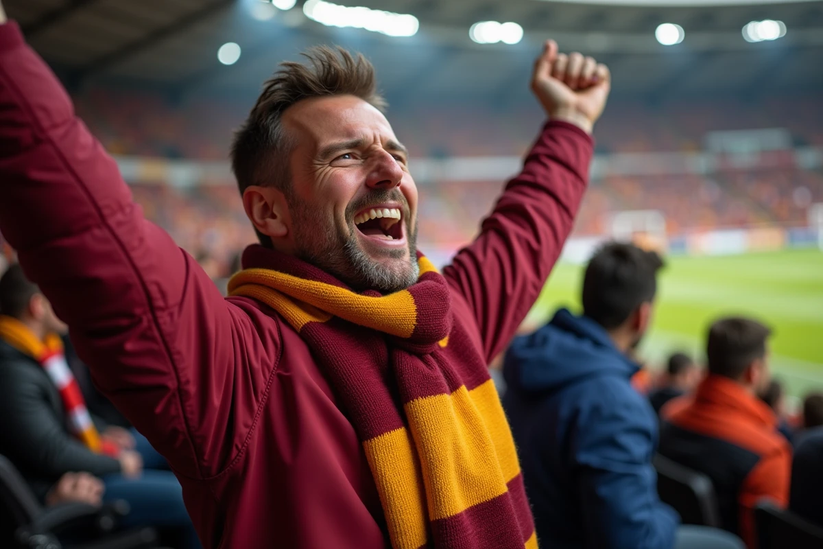 Supporter passionné du Bergerac FC dans les tribunes du stade, écharpe aux couleurs du club, ambiance chaleureuse de match de classement