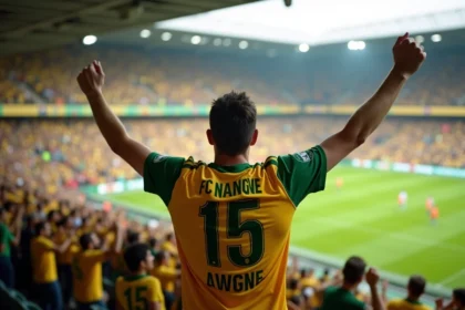 Supporter du FC Nantes en tribune célébrant un exploit lors d'un match au stade de la Beaujoire