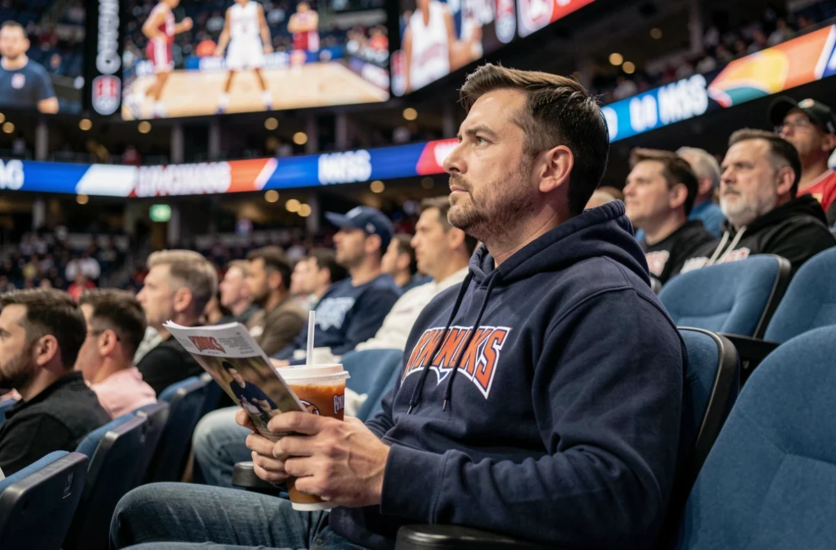 Supporter des New York Knicks assis dans les tribunes du Madison Square Garden pendant un match NBA, tenant un programme officiel