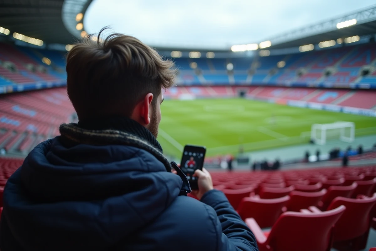 Jeune supporter parisien regardant son smartphone dans le stade