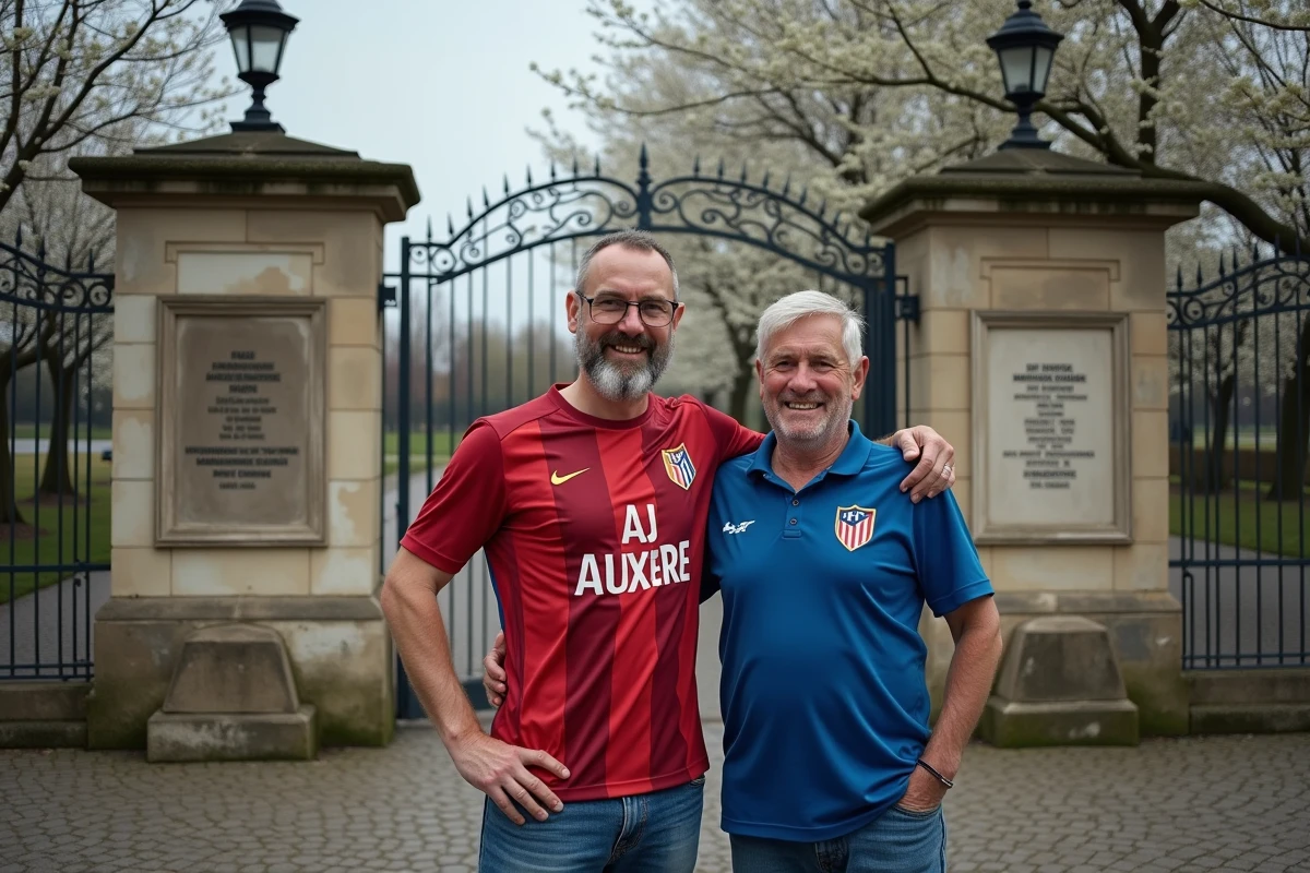 Deux supporters de l'AJ Auxerre devant la plaque commémorative 1905 à l'entrée du stade Abbé-Deschamps, célébrant l'histoire centenaire du club icaunais