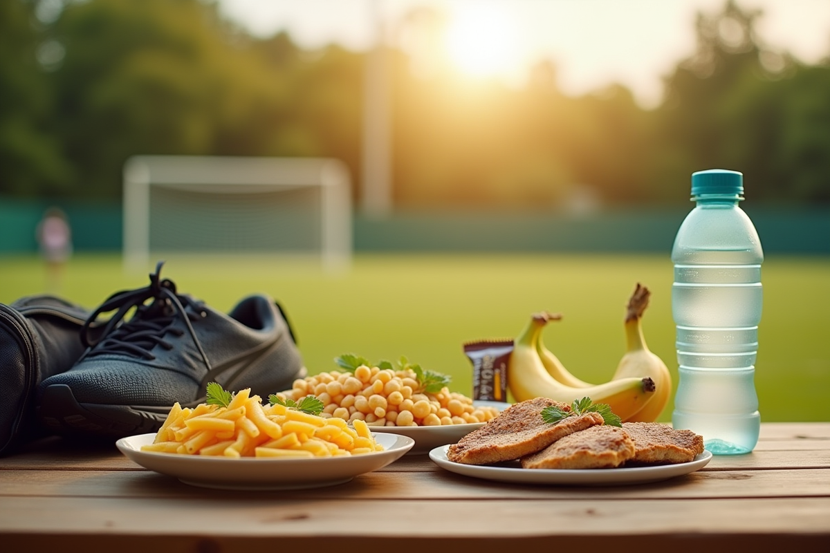 Table avec aliments sains pour sportifs en plein air avec sac de sport