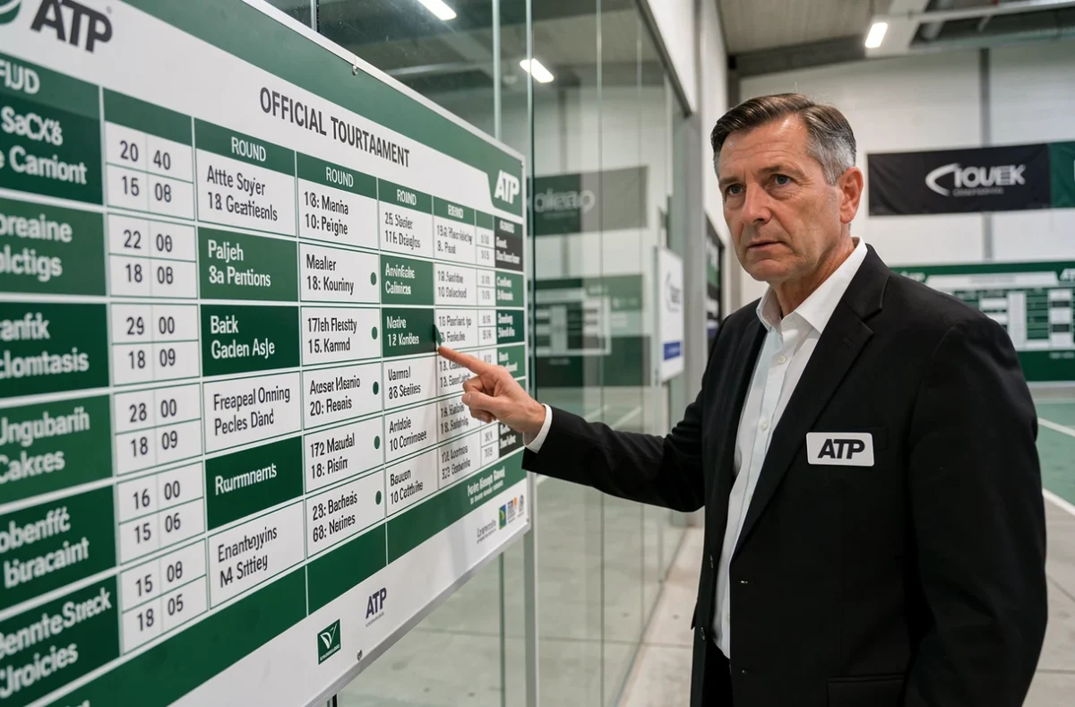 Tableau officiel de points ATP affiché dans une salle de tournoi avec un officiel examinant le classement