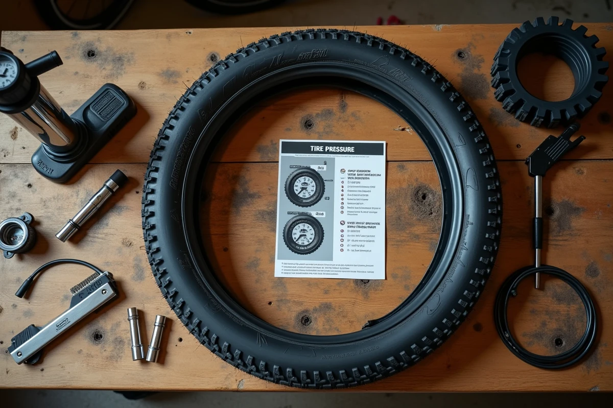 Vue à plat d'un pneu VTT 26 pouces avec pompe et tableau de pression PSI sur un établi en bois