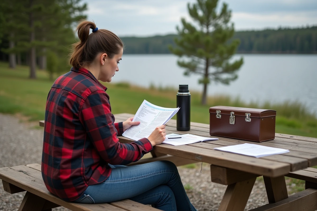 Femme consultant les tarifs et documents de la carte de pêche 2026 au bord d'un lac en plein air